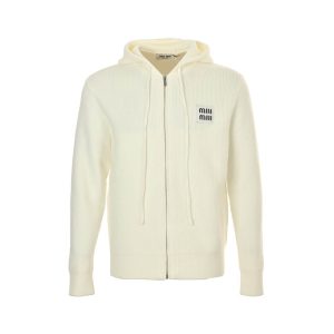 Miu Miu Appliqué Logo Embroidered Zip-up Hoodie- White