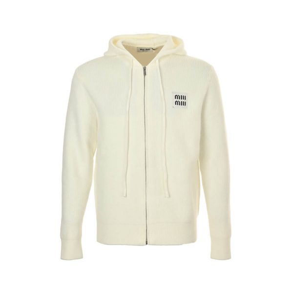 Miu Miu Appliqué Logo Embroidered Zip-up Hoodie- White