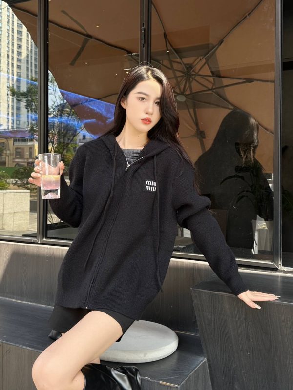 Miu Miu Appliqué Logo Embroidered Zip-up Hoodie- Black