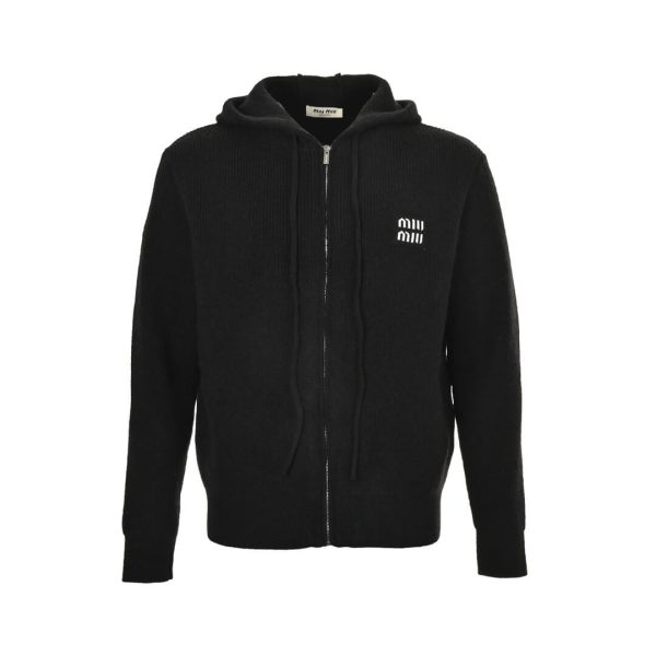 Miu Miu Appliqué Logo Embroidered Zip-up Hoodie- Black