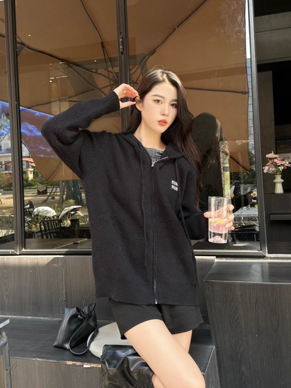 Miu Miu Appliqué Logo Embroidered Zip-up Hoodie- Black