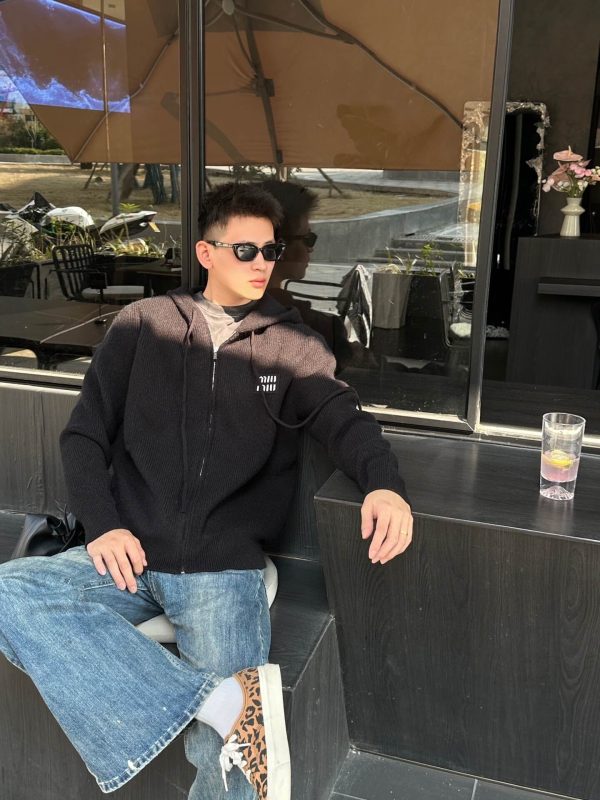 Miu Miu Appliqué Logo Embroidered Zip-up Hoodie- Black