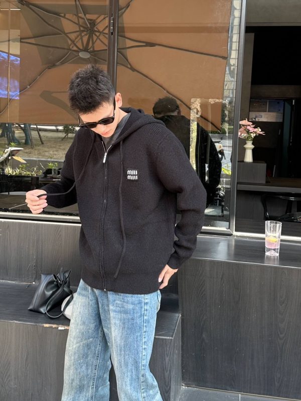 Miu Miu Appliqué Logo Embroidered Zip-up Hoodie- Black