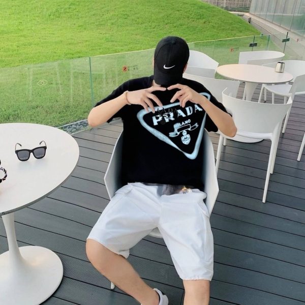 Prada Inverted Triangle Inkjet Printed Cotton T-shirt- Black