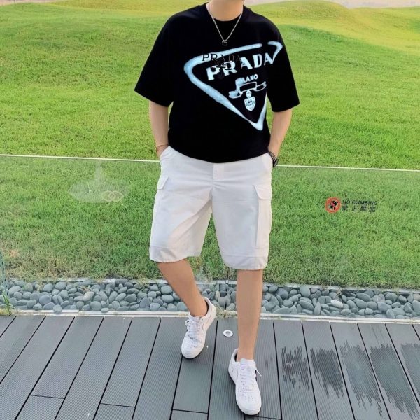 Prada Inverted Triangle Inkjet Printed Cotton T-shirt- Black