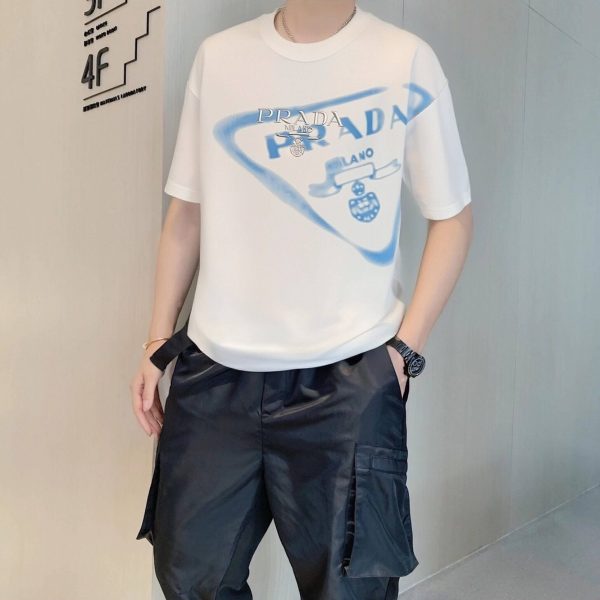 Prada Inverted Triangle Inkjet Printed Cotton T-shirt- White