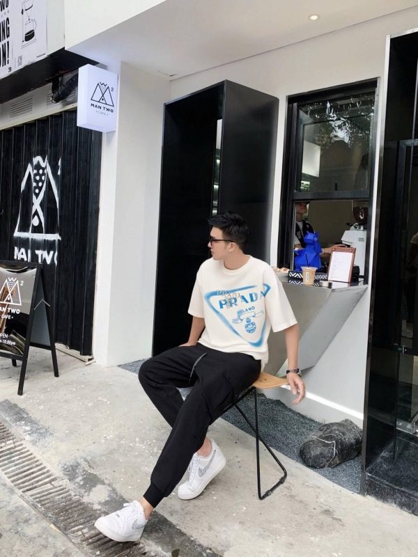 Prada Inverted Triangle Inkjet Printed Cotton T-shirt- White