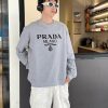 Prada Men's Jacquard Black Logo Crew Neck Sweatshirt- Grey