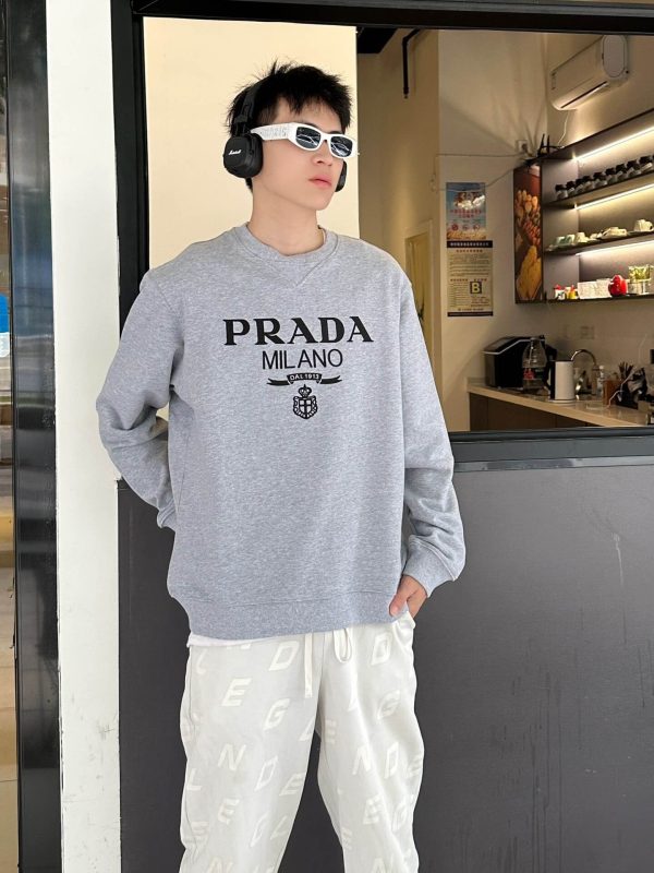 Prada Men's Jacquard Black Logo Crew Neck Sweatshirt- Grey
