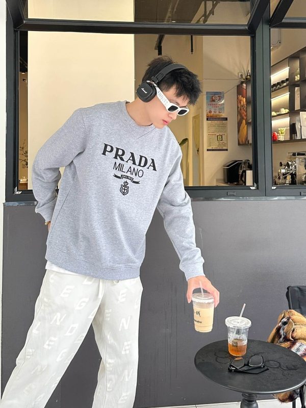 Prada Men's Jacquard Black Logo Crew Neck Sweatshirt- Grey