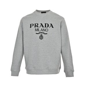 Prada Men's Jacquard Black Logo Crew Neck Sweatshirt- Grey