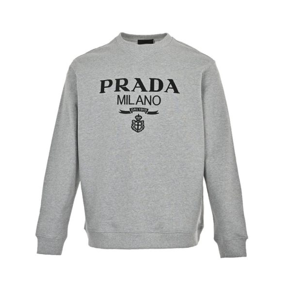 Prada Men's Jacquard Black Logo Crew Neck Sweatshirt- Grey