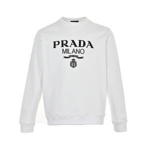 Prada Men's Jacquard Black Logo Crew Neck Sweatshirt- White