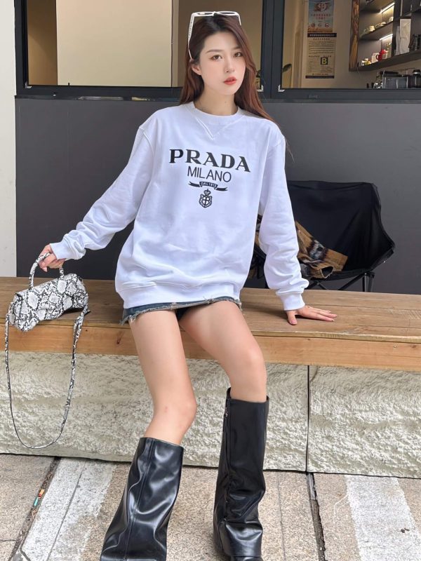 Prada Men's Jacquard Black Logo Crew Neck Sweatshirt- White