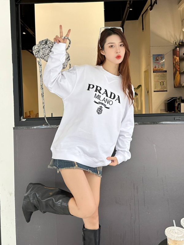 Prada Men's Jacquard Black Logo Crew Neck Sweatshirt- White