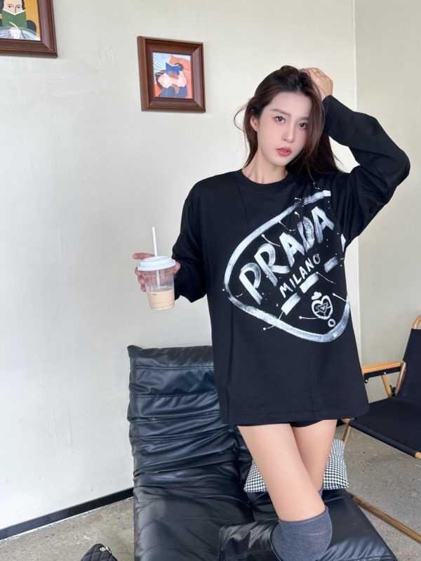 Prada Milano Graphic Logo Long-sleeved T-shirt- Black
