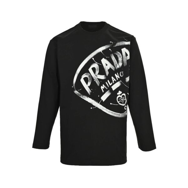 Prada Milano Graphic Logo Long-sleeved T-shirt- Black