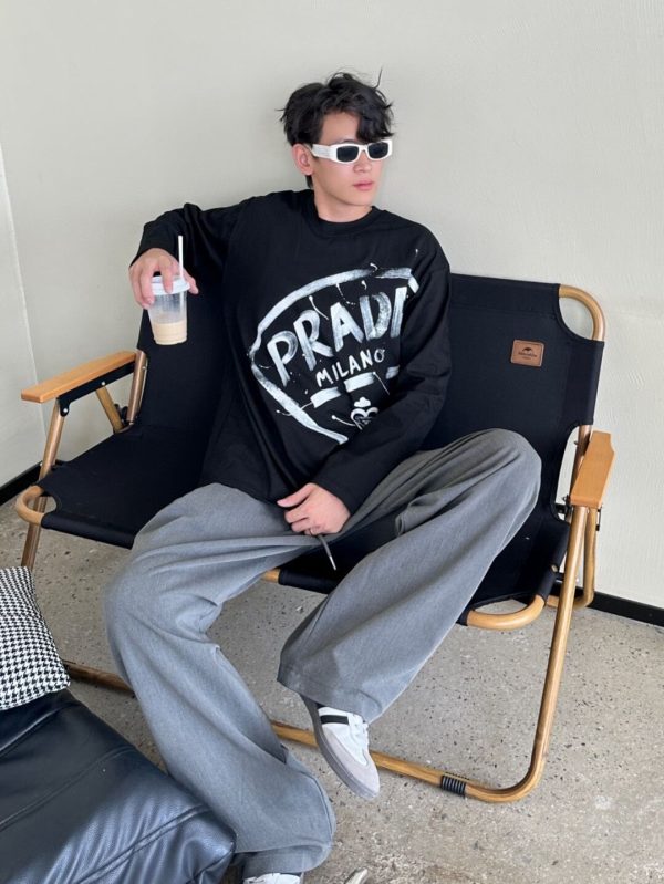 Prada Milano Graphic Logo Long-sleeved T-shirt- Black