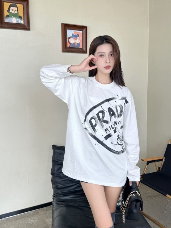 Prada Milano Graphic Logo Long-sleeved T-shirt- White