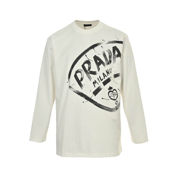 Prada Milano Graphic Logo Long-sleeved T-shirt- White