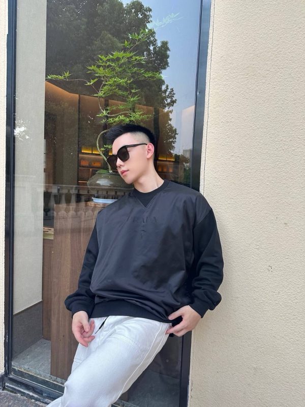 Prada Recycled Nylon Fleece-Sleeve Sweatshirt- Black (2) Prada Recycled Nylon Fleece-Sleeve Sweatshirt- Black