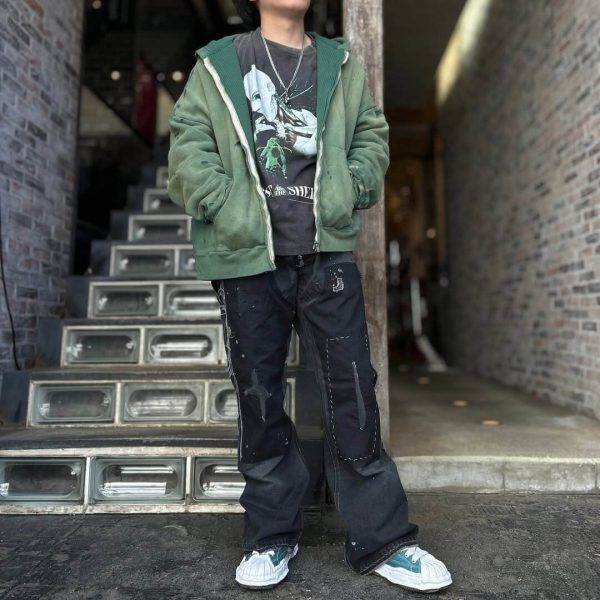 Saint Michael Distressed Waffle Hoodie- Green