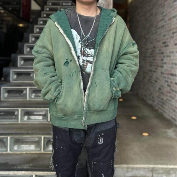 Saint Michael Distressed Waffle Hoodie- Green