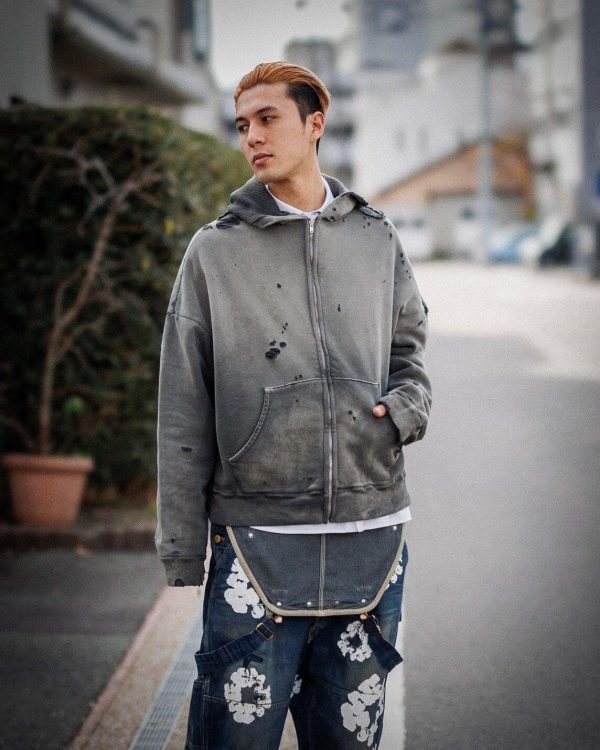 Saint Michael Distressed Waffle Hoodie- Grey