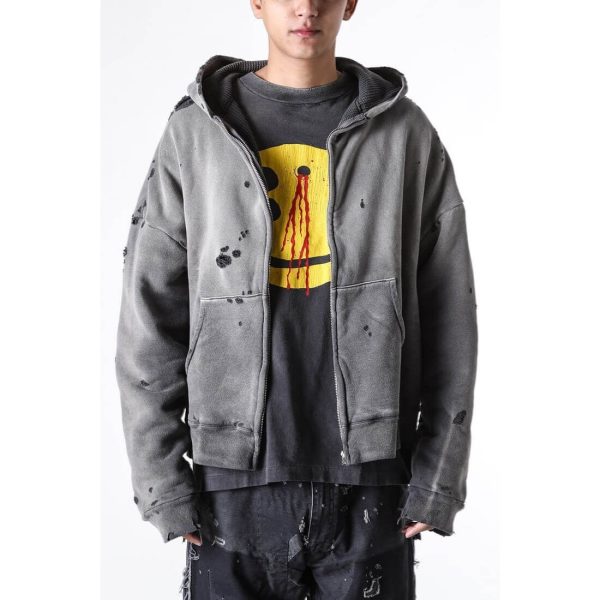 Saint Michael Distressed Waffle Hoodie- Grey