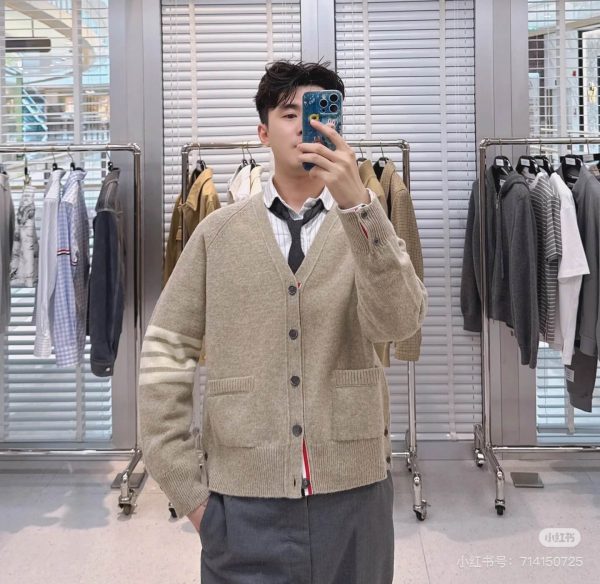 Thom Browne 4-Bar V-Neck Cardigan- Beige