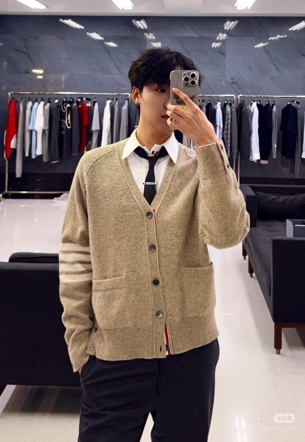 Thom Browne 4-Bar V-Neck Cardigan- Beige