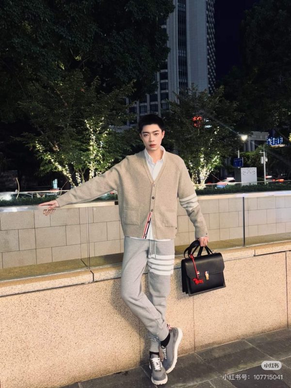 Thom Browne 4-Bar V-Neck Cardigan- Beige