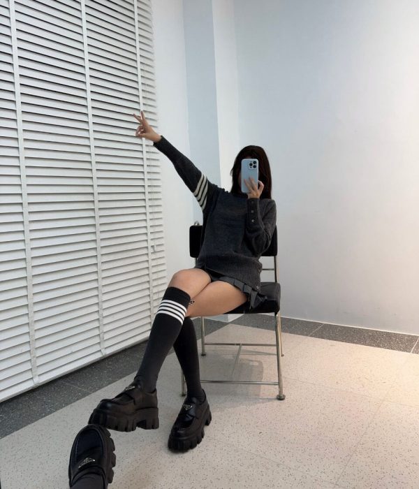 Thom Browne 4-Bar Wool Crew Neck Sweater- Grey