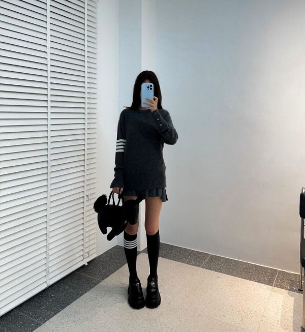 Thom Browne 4-Bar Wool Crew Neck Sweater- Grey