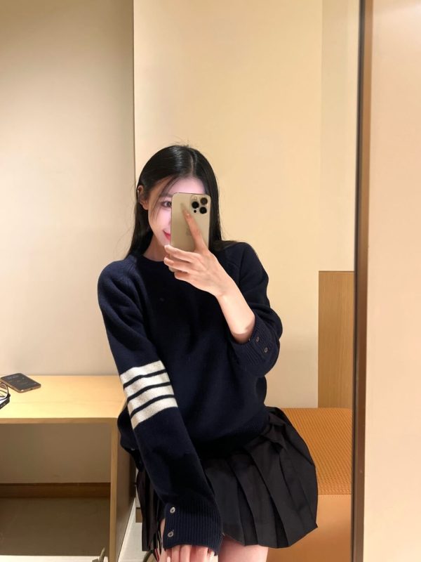 Thom Browne 4-Bar Wool Crew Neck Sweater- Navy Blue