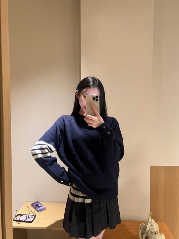 Thom Browne 4-Bar Wool Crew Neck Sweater- Navy Blue