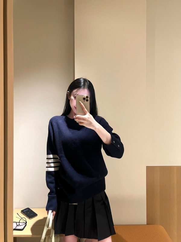 Thom Browne 4-Bar Wool Crew Neck Sweater- Navy Blue