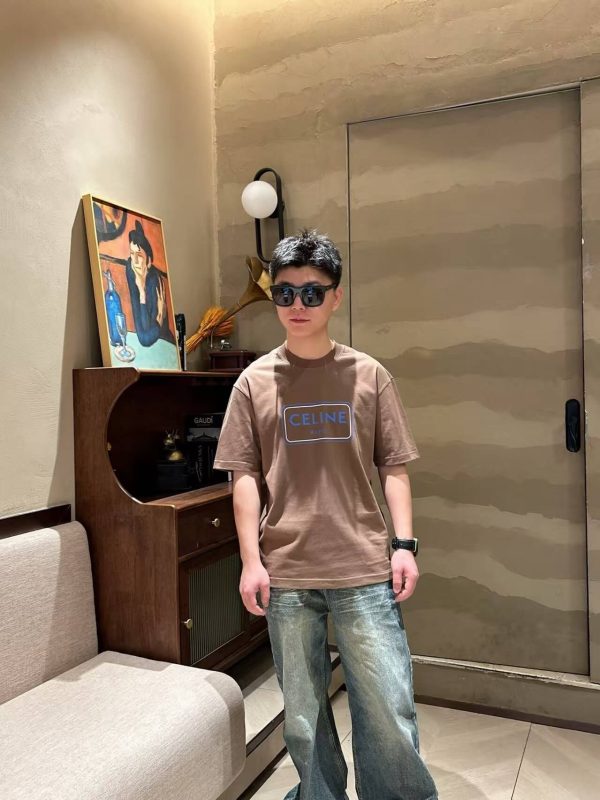 Celine Square Letter Print Short-Sleeved Shirt- Brown