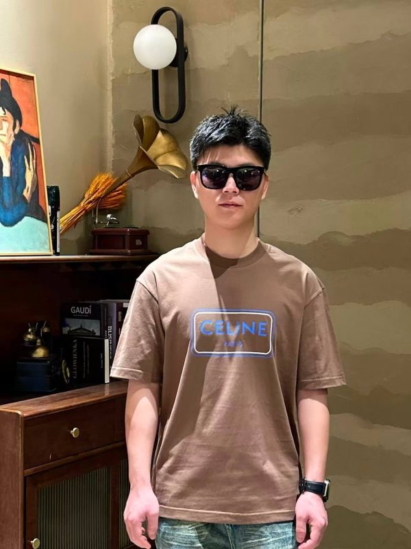 Celine Square Letter Print Short-Sleeved Shirt- Brown