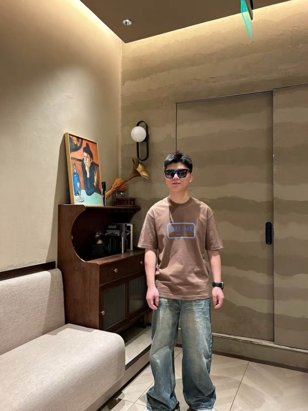 Celine Square Letter Print Short-Sleeved Shirt- Brown