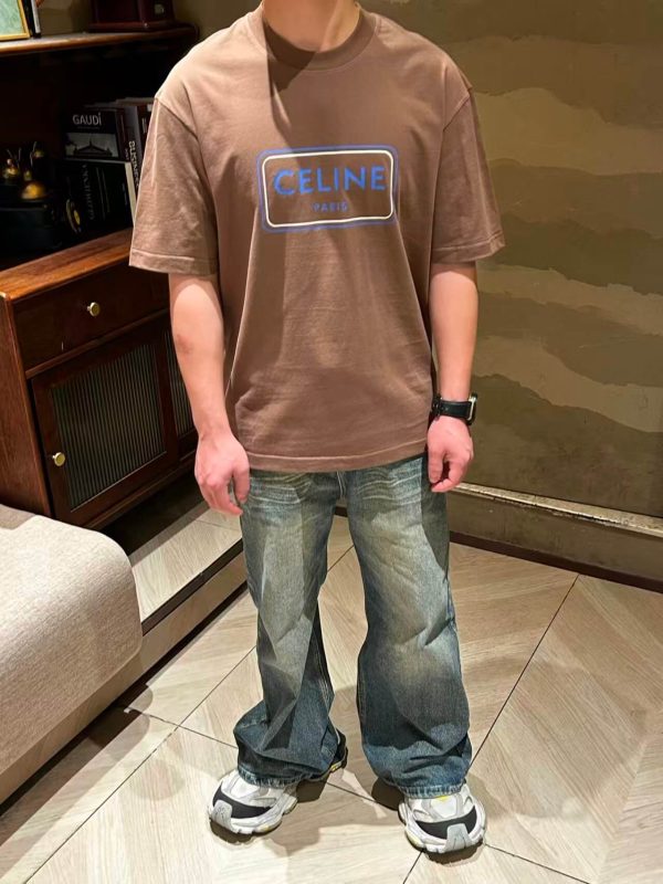 Celine Square Letter Print Short-Sleeved Shirt- Brown