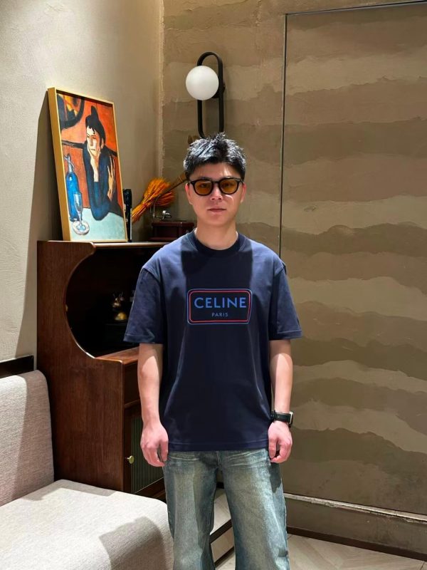 Celine Square Letter Print Short-Sleeved Shirt- Navy Blue