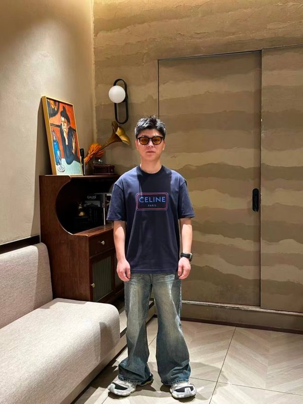 Celine Square Letter Print Short-Sleeved Shirt- Navy Blue