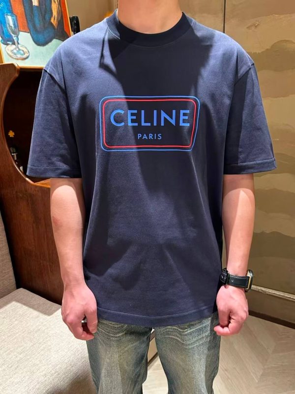 Celine Square Letter Print Short-Sleeved Shirt- Navy Blue