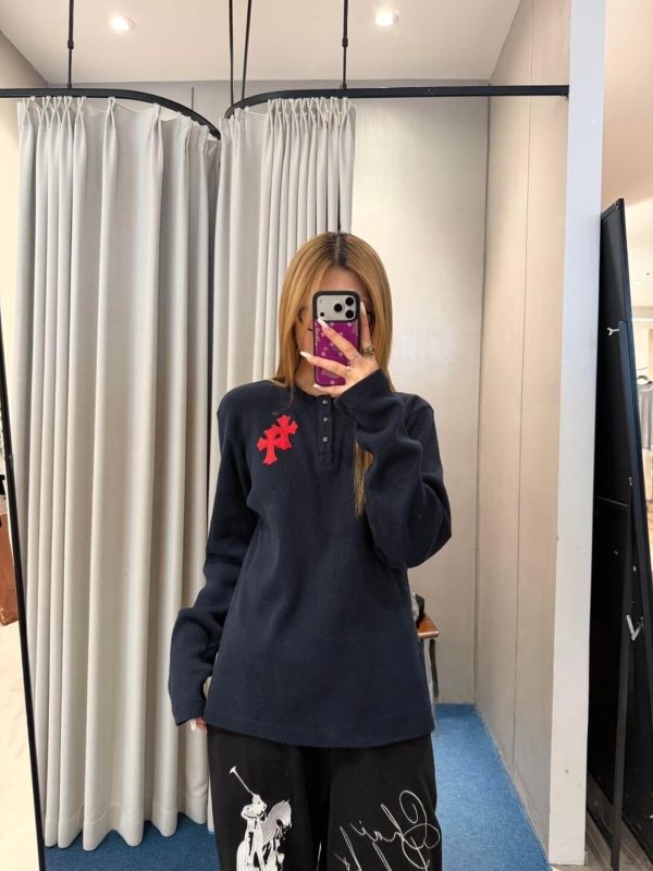 Chrome Hearts Waffle Thermal Cross Patch Henley- Navy Blue