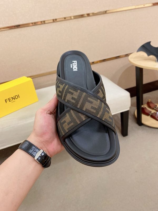 Fendi men's FF jacquard fabric slides.