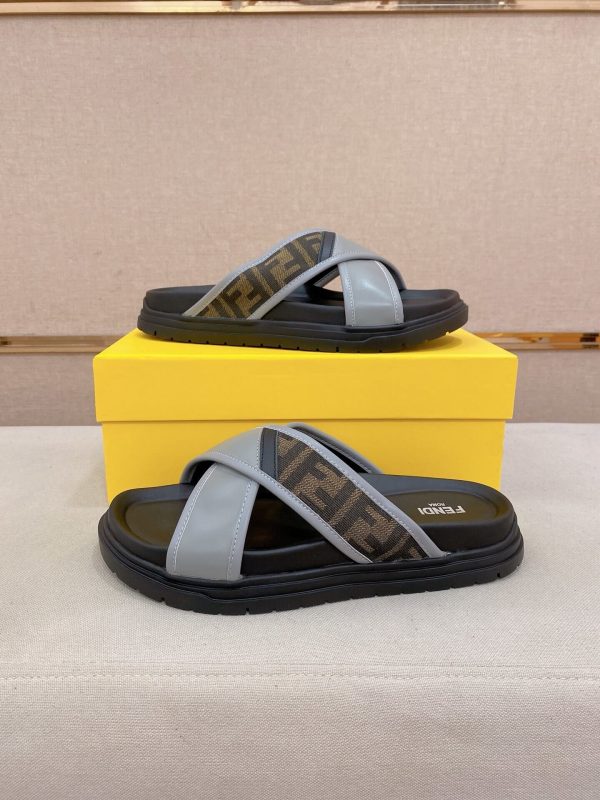 Fendi -men's -FF -jacquard- fabric -slides (3) Fendi men's FF jacquard fabric slides.