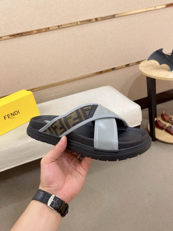 Fendi -men's -FF -jacquard- fabric -slides (6) Fendi men's FF jacquard fabric slides.