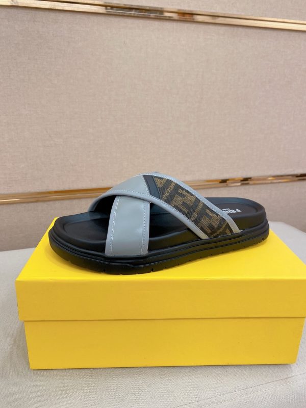 Fendi -men's -FF -jacquard- fabric -slides (9) Fendi men's FF jacquard fabric slides.