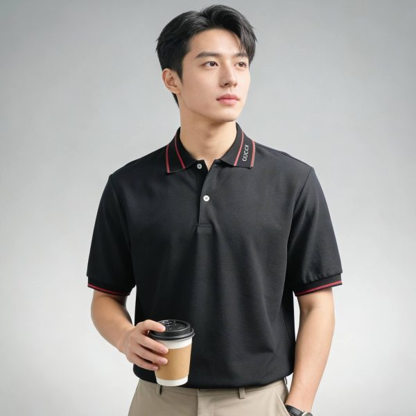 Gucci Logo-Appliqué Ribbed Jacquard Collar Polo Shirt- Black